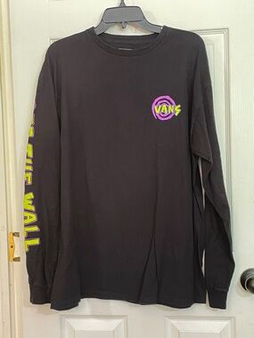 Vans X Disney Black Long Sleeve Tee with Neon Pink and Neon Yellow Logos. Size L